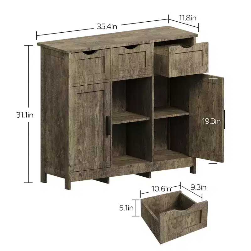 35 Sideboard Buffet Cabinet, Wooden Coffee Bar Cabinet with 3 Drawers, Accent Entryway Console Table