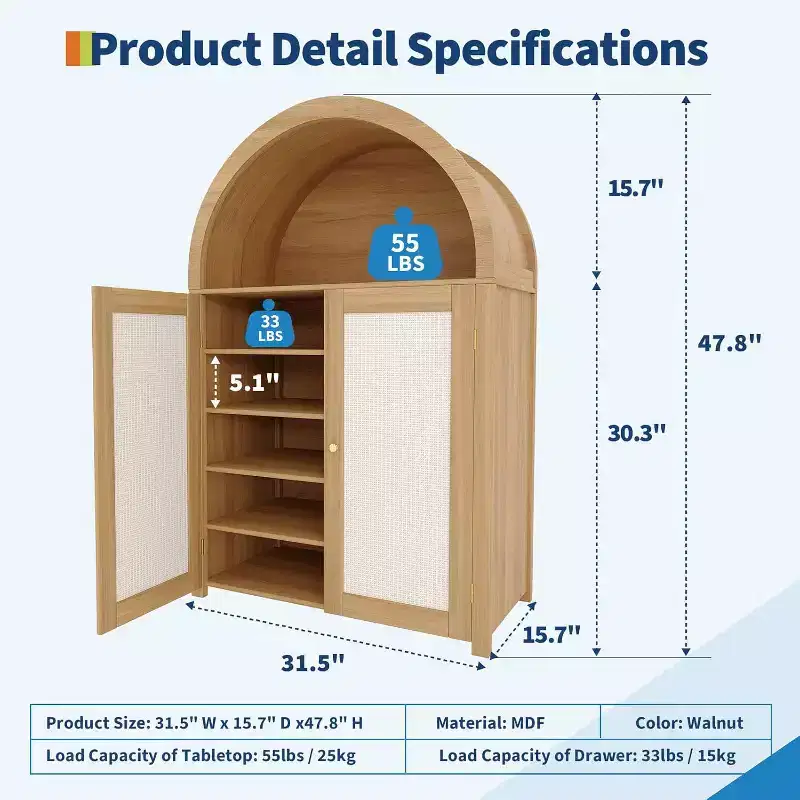 5 Tier Arched Shoe Storage Cabinet with Rattan Doors, Farmhouse Freestanding Shoe Rack Cabinet with Adjustable Shelves for Entryway, Hallway