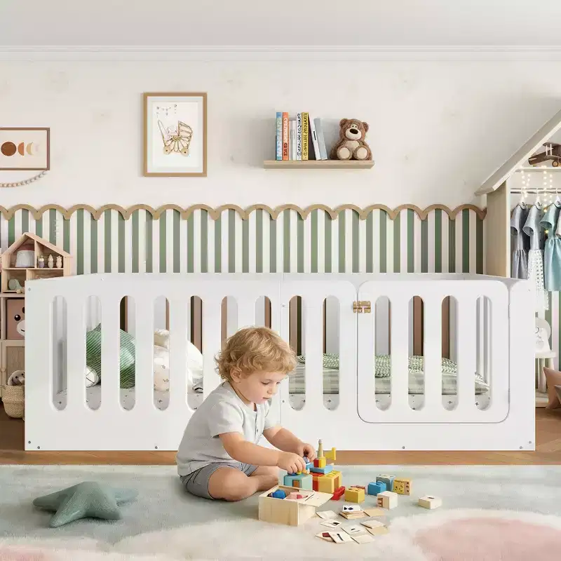 White Twin Montessori Floor Bed with Fence Rails & Door – Solid Wood, 1 Child