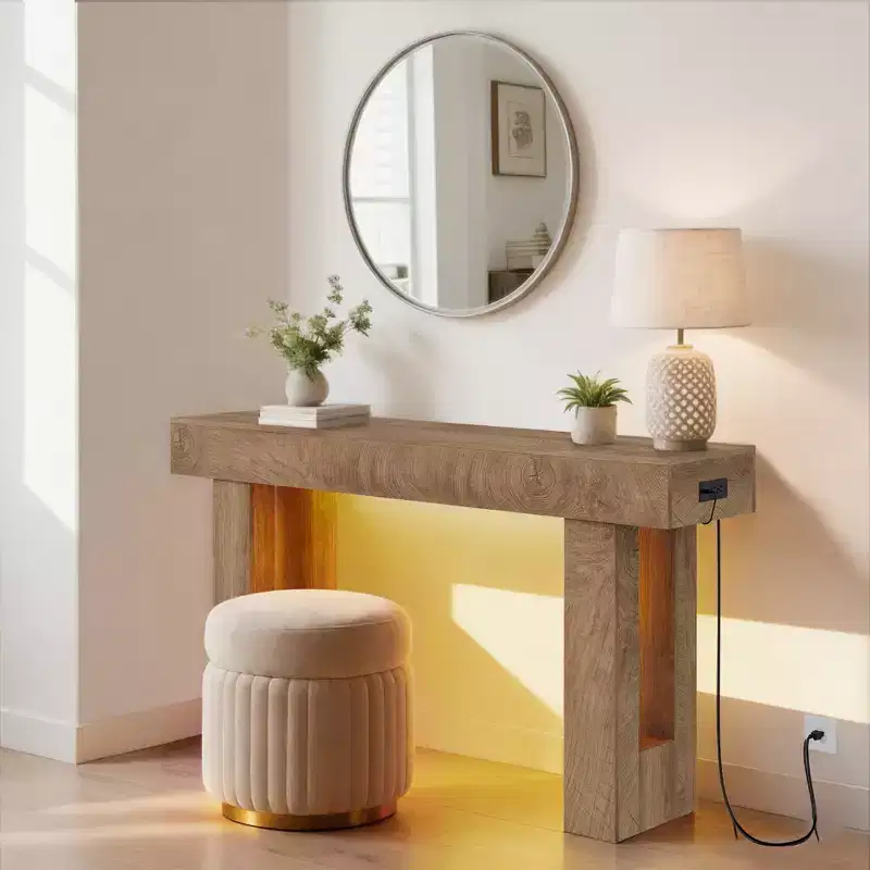 Farmhouse Console Table, Wooden Entry Table with Storage Shelf, Narrow Sofa Table for Hallway, Foyer, Sandalwood