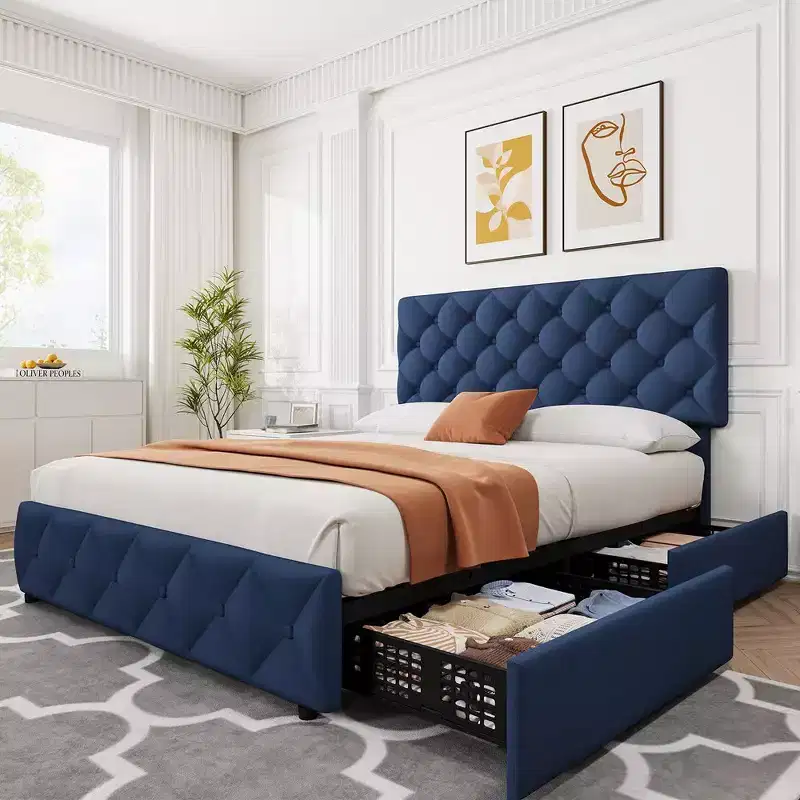 Whizmax Bed Frame with 4 Storage Drawers, Linen Upholstered Platform Bed Frame with Adjustable Headboard, Diamond Stitched Button Tufted, Blue