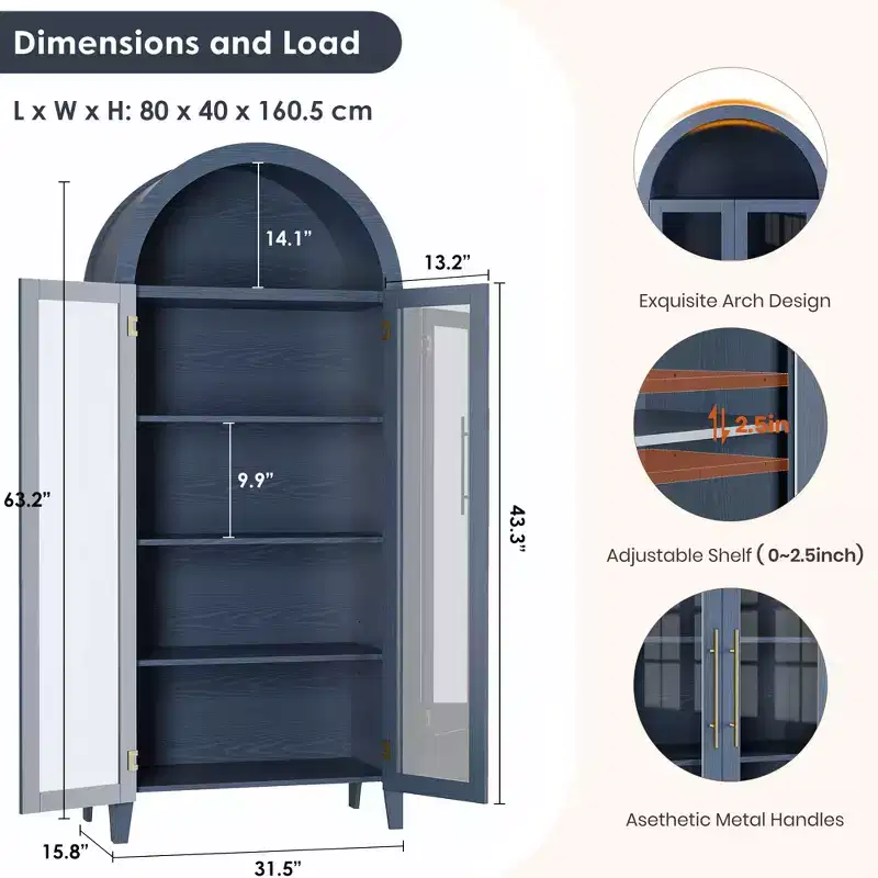 Tall Arched Storage Cabinet with Glass Doors, 5-Tier Display Bookcase with Adjustable Shelves for Kitchen or Living Room
