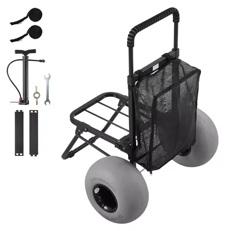 Folding Beach Sand Cart with 12 Balloon Wheels, 18x15 Cargo Deck, 165 lbs Capacity, Black