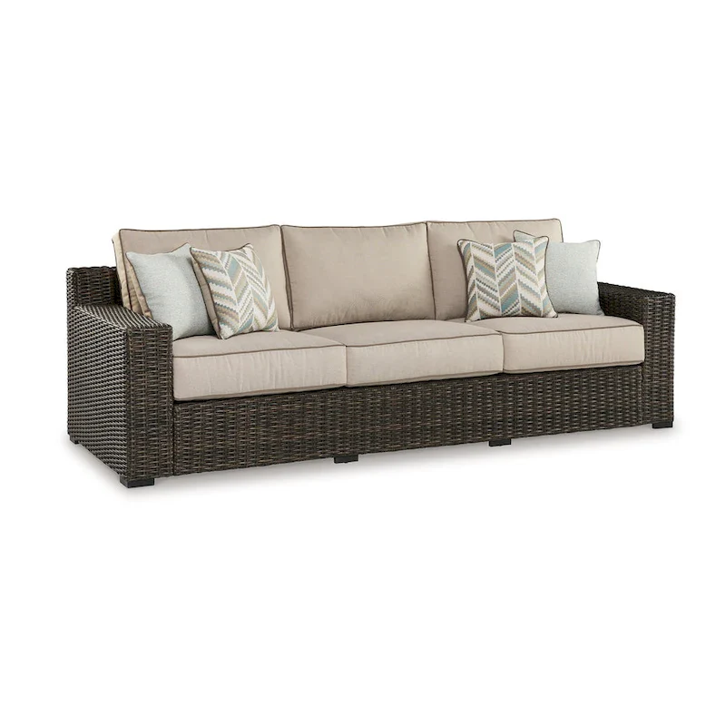 Waga 97 Inch Outdoor Sofa, 4 Throw Pillows, Brown Resin Wicker, Beige