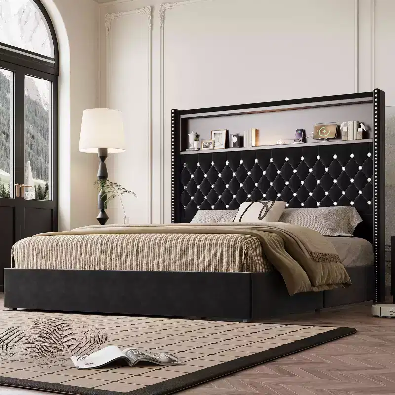 MAYEERTY Queen Size Velvet Tufted Bed with Port Night Light 52 HIgh Headboard with Rivet Decor Headboard Shelf for Bedroom Black