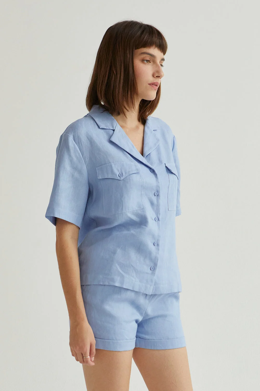 Linen Button Up Short Sleeve Top with Notched Collar