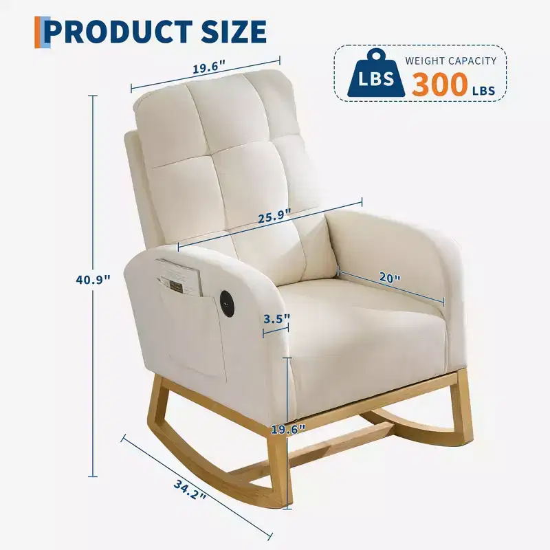 Nursery Rocking Chair with Footrest - Upholstered High Back Glider Rocker, Modern Accent Armchair with Side Pocket&Wood Legs for Bedroom, Living Room