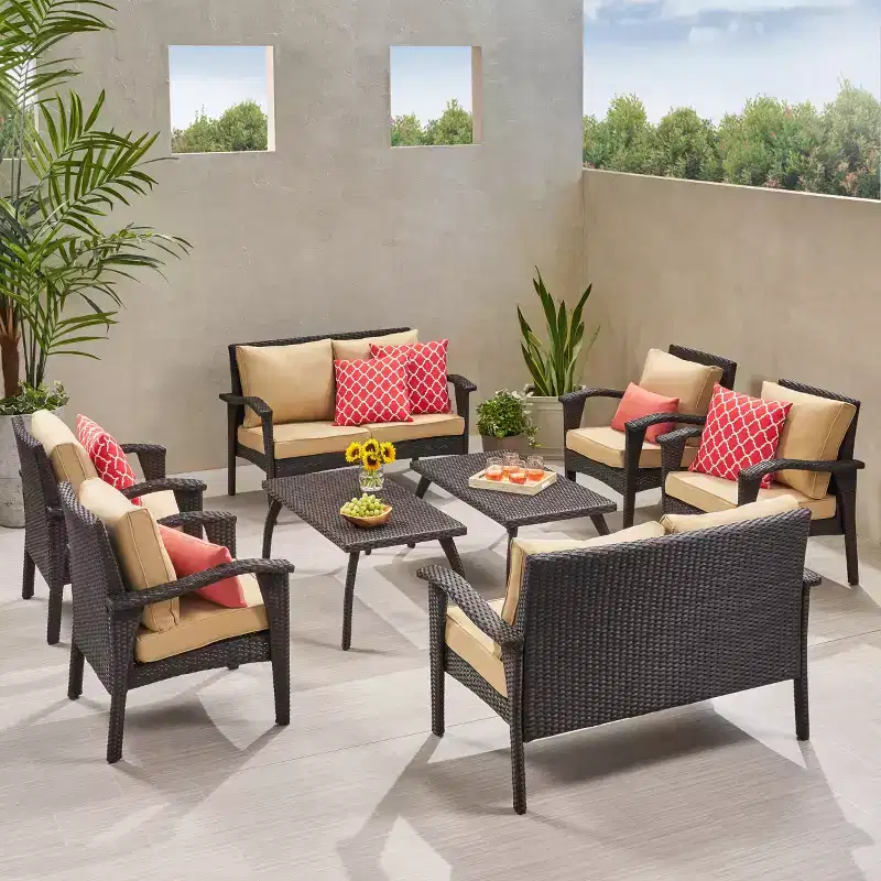 GDFStudio Hilary Outdoor Wicker 8 Seater Chat Set with Cushions