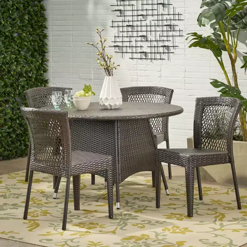GDFStudio Holmes 5 Piece Outdoor Wicker Dining Set with Round Table and Umbrella Hole