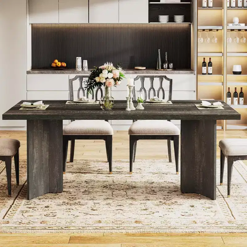 Vintage Wood Large Executive Desk Rectangle Dining Table, Long Modern Kitchen Dinner Table for Dining Room, Breakfast Nook