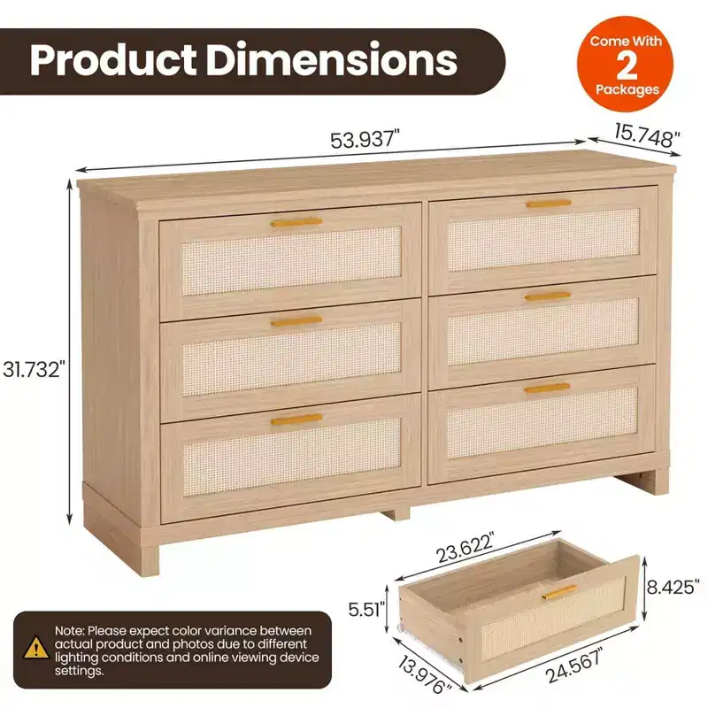 Zstar Dresser for Bedroom, Wooden Storage Cabinet with Rattan Fronts