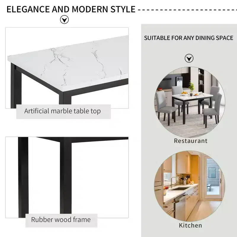 5-Piece Dining Table Set Dining Set with Faux Marble Dining Table, 4 Thicken Cushion Dining Chairs, Gray/White-ModernLuxe