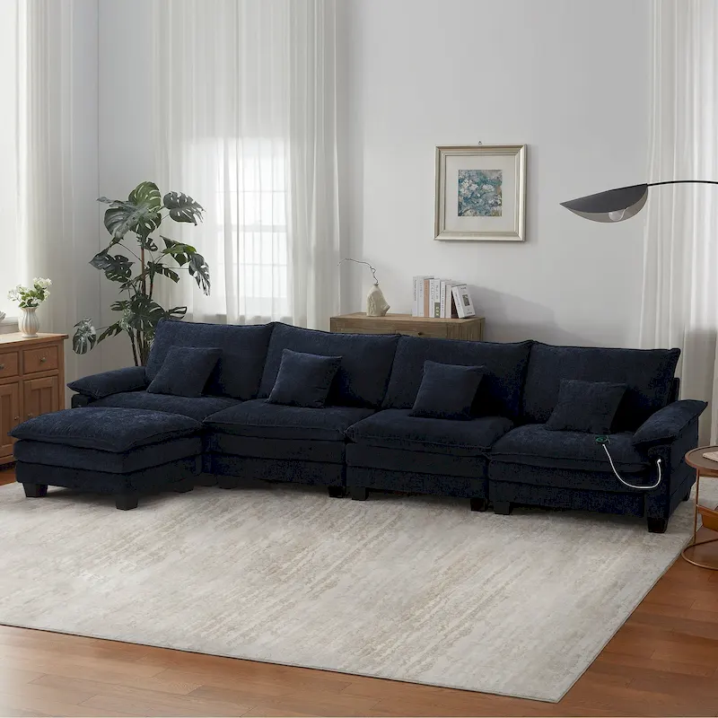 L-Shaped Modular Sectional Sofa, 5-Seat Convertible Sleeper – Blue / White / Grey / Black / Cream / Green