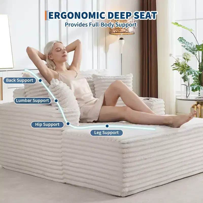 64 Corduroy Convertible Chaise Lounge Chair Sleeper Sofa Bed with Cup Holders & Pillows, Comfy Foam Oversized Couch for Living Room