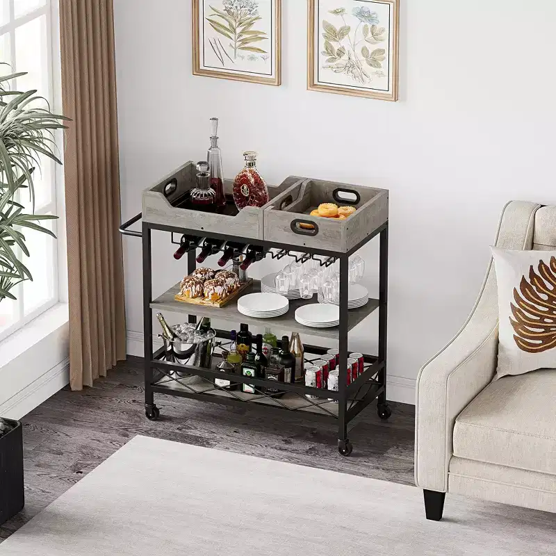 3-Tier Rolling Bar Cart with Removable Tray, Brown Gray Metal Frame, Kitchen Dining Storage