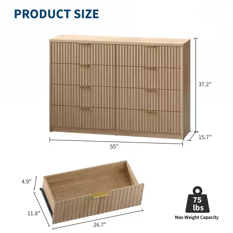 Fluted Dresser for Bedroom, 8 Drawer Dresser, Large Capacity & Anti-Tip, Modern Chest of Drawers with Metal Handles, Wooden Dressers Closet Storage