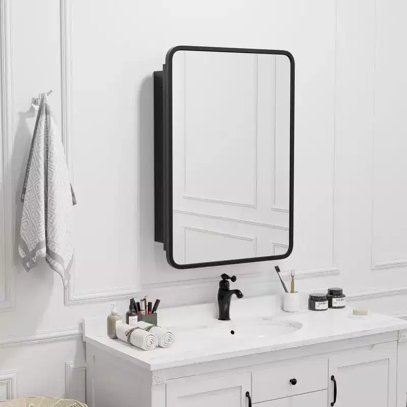 PexFix 28 x 20 Bathroom Cabinet with Mirror Stainless Steel Frame and 2 Adjustable Shelves Wall Medicine Cabinets Mirrors Rectangle Recessed Black