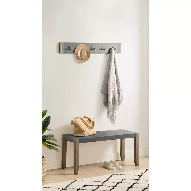 40" Davenport Coat Hook and Faux Concrete Bench Set Light Amber - Alaterre Furniture: Rustic Industrial, 5 Double Hooks