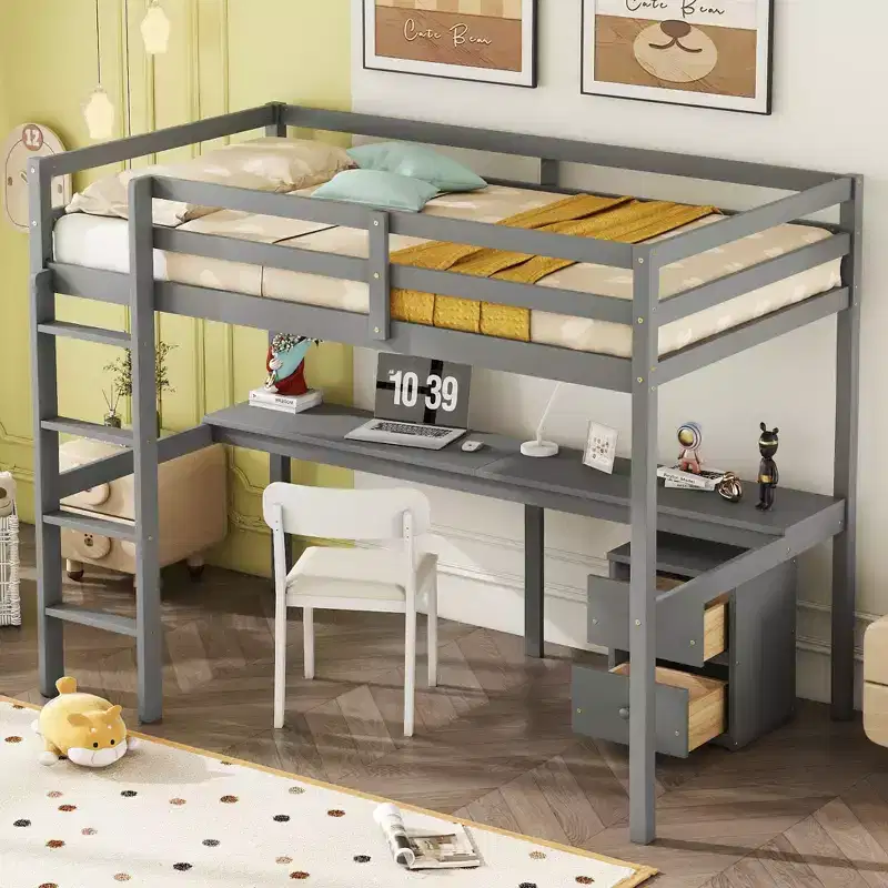 MAYEERTY Twin Loft Wood Bed with Under-bed, Bulit-in Desk, a Storage Cabinet of 2 Drawers, Guardrails, Gray