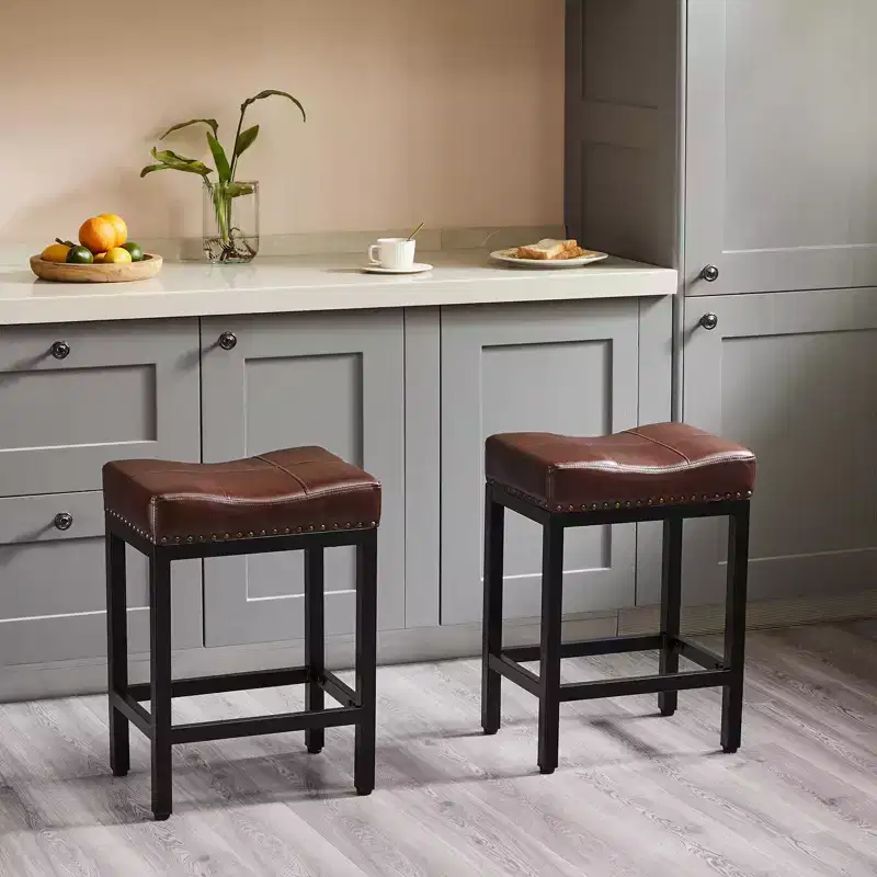 Set of 2 Upholstered Swivel Adjustable Height Bar Stools with Footstools,Armless PU Leather Counter Chairs for Dining Rooms