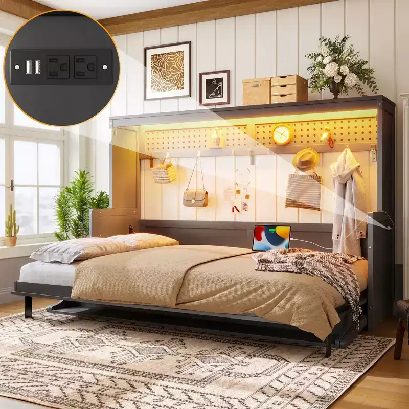 ModernLuxe Queen/Full Size Murphy Bed with Desk & LED Lights, Space-Saving Wall Bed Folding Bed with USB Charging Station