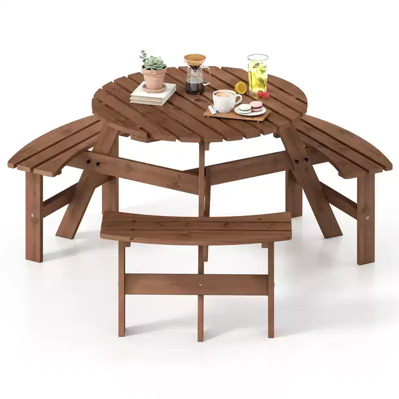 Costway 6-Person Round Picnic Table Set with 3 Built-in Benches 2 Umbrella Hole, Brown/Yellow