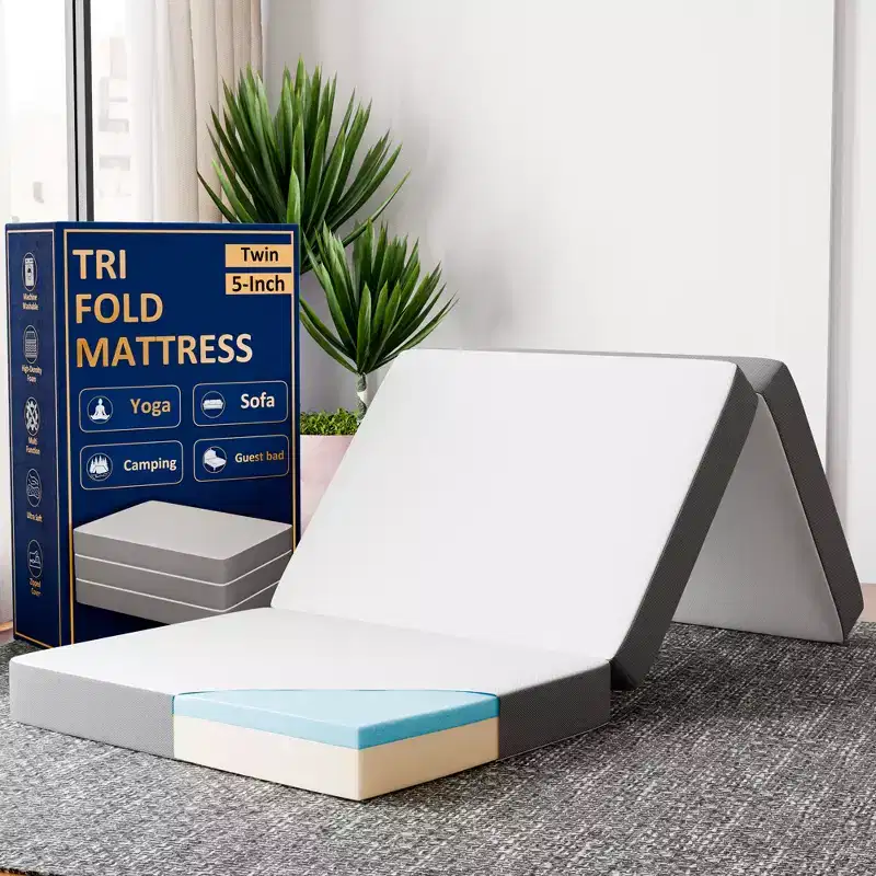 Continental Sleep 5 Portable Tri Folding Gel Memory Foam Mattress | Breathable Mesh Sides with Ultra Soft, Removable and Washable Cover,
