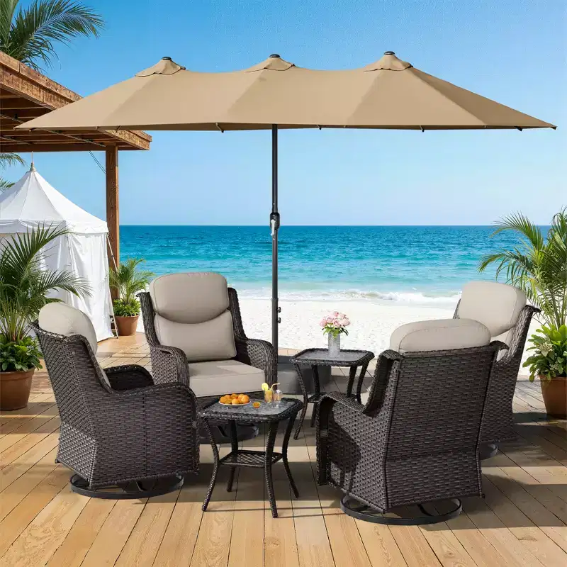 UPTIOT Outdoor Swivel Chair Set with Side Tables and 15-ft Enhanced Patio Umbrella