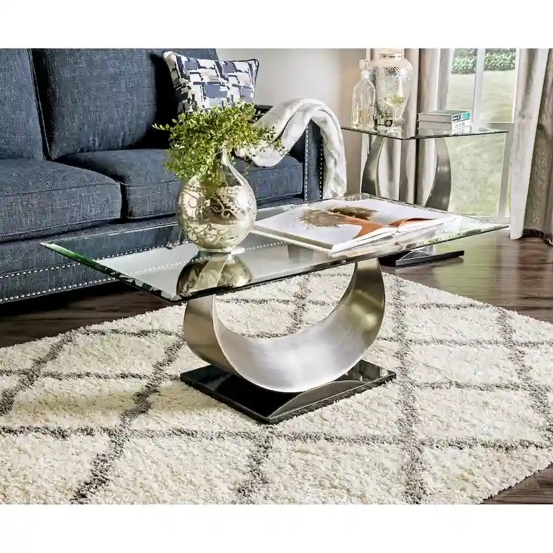 Contemporary Silver 48-inch Glass Top U-shaped 2-Piece Coffee Table and End Table Set