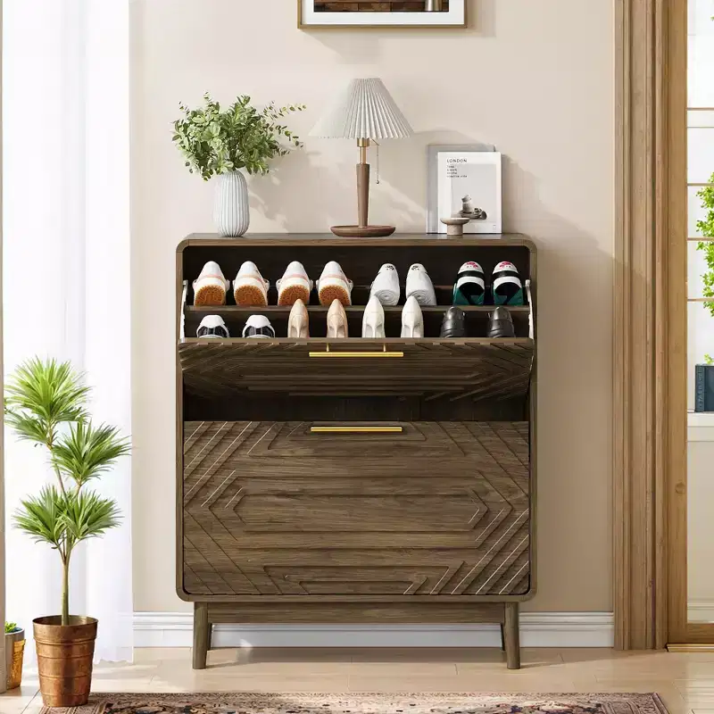 GDFStudio Han Farmhouse Freestanding Shoe Cabinet with 2 Flip-Top Drawers
