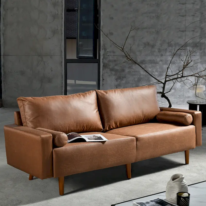 Mid-Century Modern Upholstered Sofa Couch with Rolled Pillows