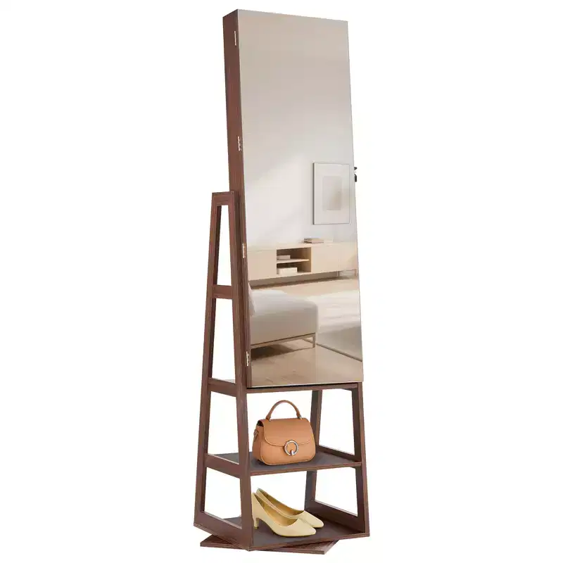 VEVOR 360 Swivel Jewelry Cabinet, 61-inch Tall, Full-Length Mirror with Storage, Standing Rotatable Jewelry Armoire Organizer, with 2 Keys, Brown