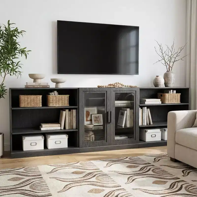 93 Black Wood-Grain Combination Media Storage Cabinets with Adjustable Shelves and 2 Glass Doors for Living Room Bedroom
