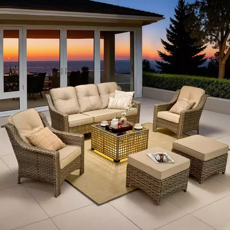 HOMLUX 6 PCS Patio Wicker Conversation Set 3-Seat Sofa with Cushion, Rattan Chairs, Ottomans, Coffee Table