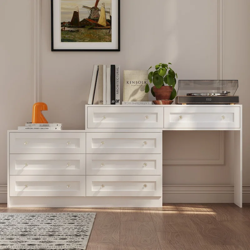 White Dresser & Vanity Spacious Storage with Chic Crystal Knobs