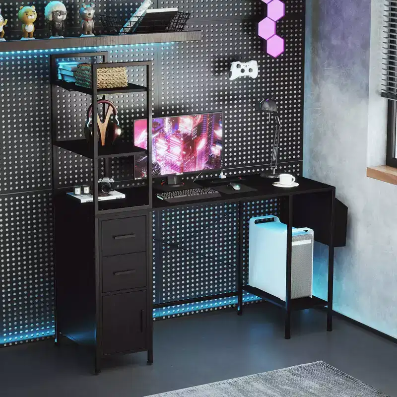 Office Desk with LED Lights & Power Outlets, Open Shelves, 2 Drawers & Cabinet