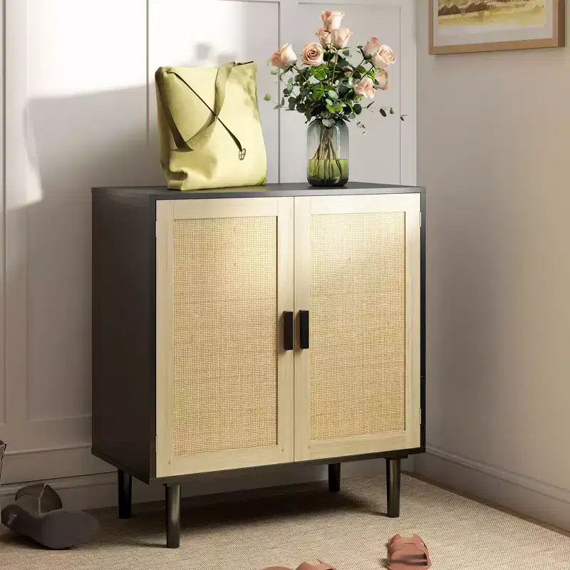 HOMCOM Bohemian Sideboard, Buffet Cabinet with Rattan Doors, Coffee Bar Cabinet with Shelves for Living Room, Hallway