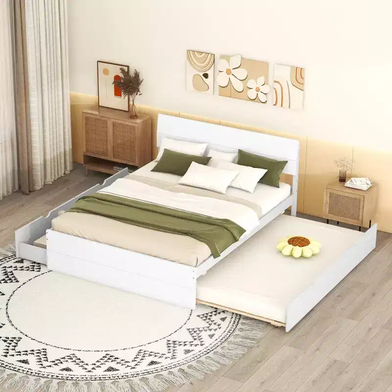 Twin/Full Size Platform Bed Frame with Twin Size Trundle / 2 Drawers, White/Light Oak-ModernLuxe
