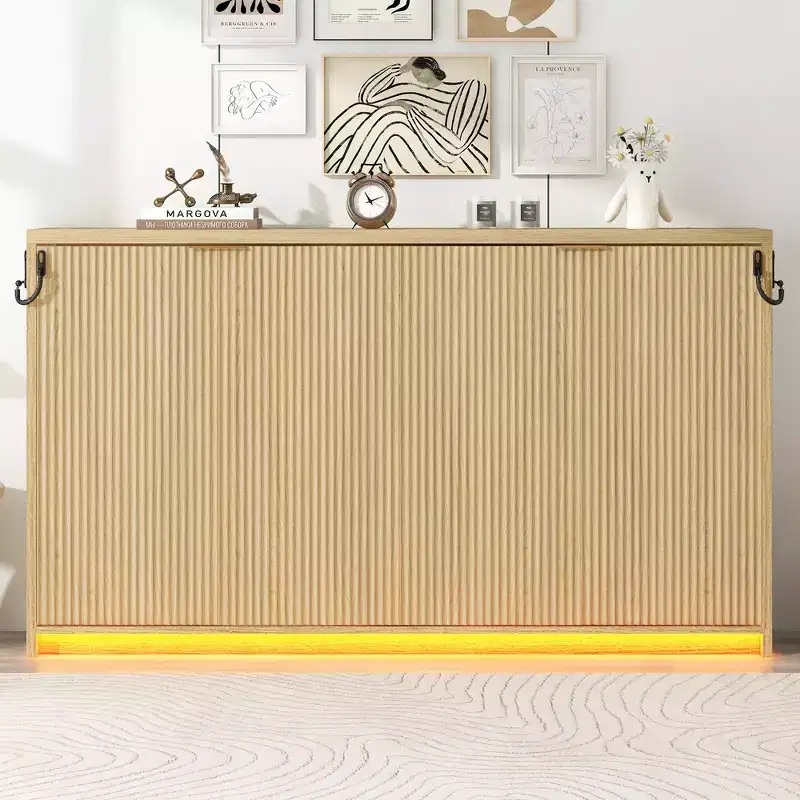 Twin XL Murphy Bed Cabinet Bed with LED Light, Twin XL Size Wood Full Wall Bed Chest Murphy Bed Frame, Natural