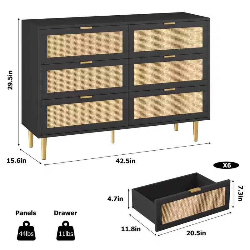 Rattan 6-Drawer Dresser with Gold Legs & Handles, Modern Wide Double Dresser with Large Tabletop & Anti-Tipping for Bedroom & Living Room