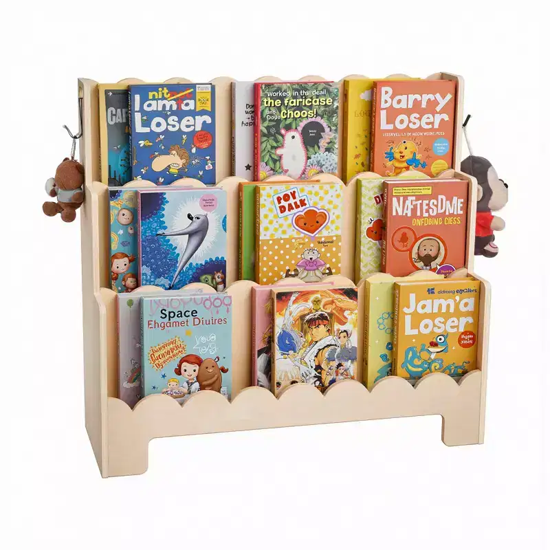 Montessori Bookshelf, 3-Tier Scalloped Kids Bookshelf, Front Facing Toddler Bookcase, Dual Hooks for Hanging Backpacks, Baby Bookshelf, Brown