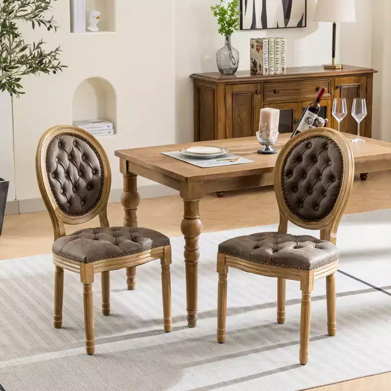 CLIHOME Set of 2 French Style Solid Wood Frame Antique Painting Accent Chairs, PU Artificial Leather Dining Chairs