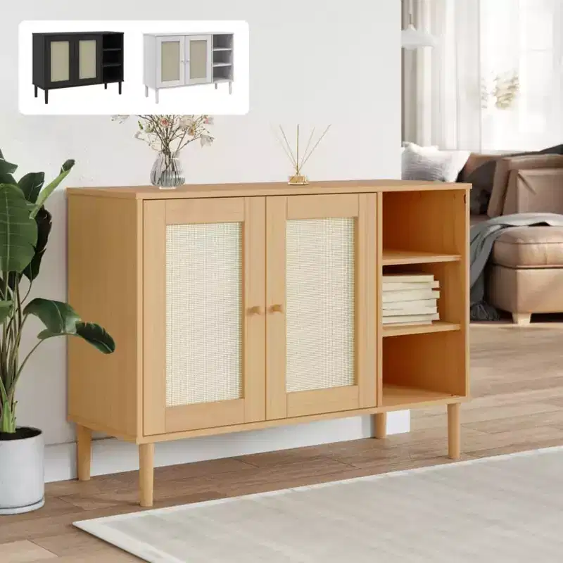 Sideboard Buffet Storage Cabinet Rattan Look Solid Wood Pine, with 3 Open Compartments