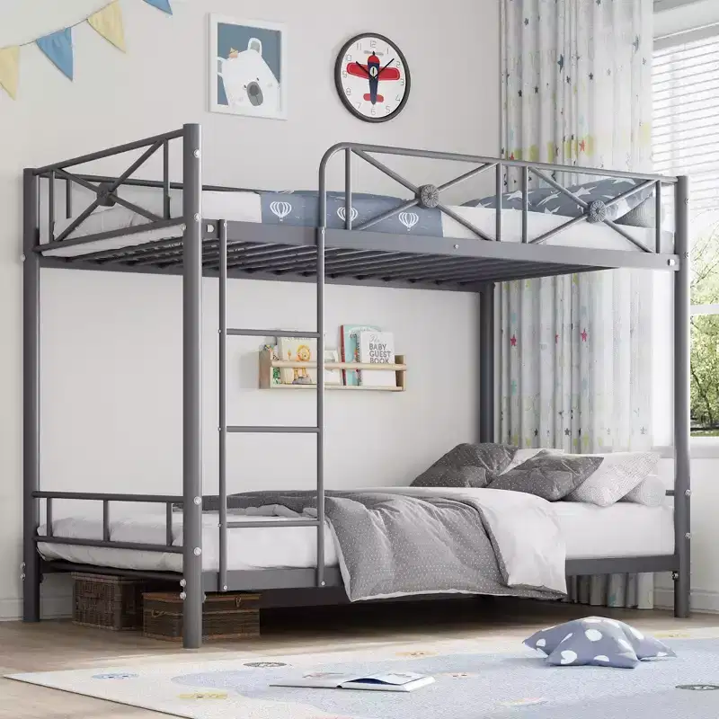 Metal Bunk Bed Twin Over Twin, Industrial Bunkbeds Heavy Duty Bed with Safety Guard Rails and Space-Saving Design, Steel Bed for School, Bedroom