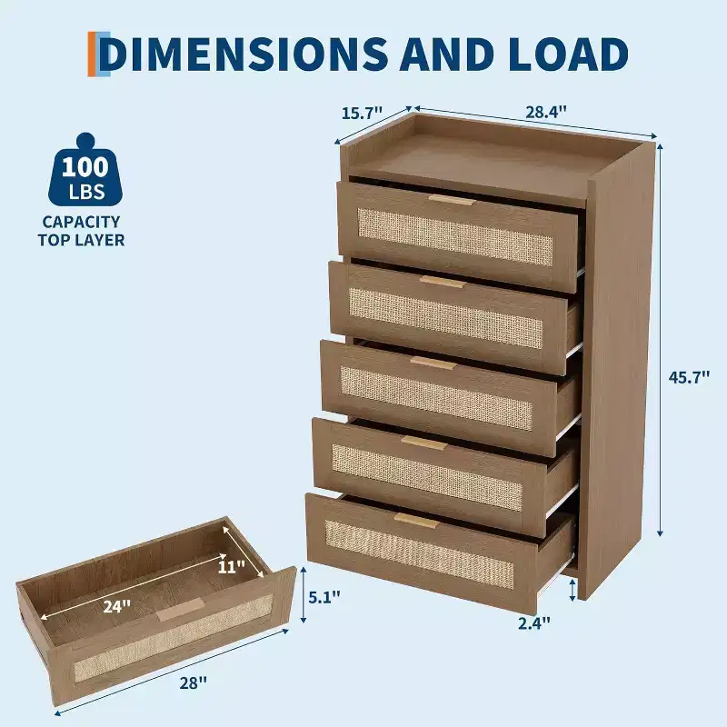 Boho 5-Drawer Rattan Dresser for Bedroom, Large Wooden Chest of Drawers Storage Cabinet for Clothes, Nightstand Organizer for Hallway, Living Room