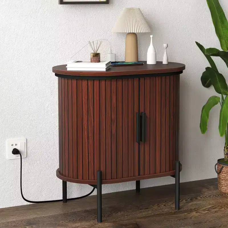 Bestier Mid-Century Modern Sideboard with Sliding Slat Doors, Built-In Power Outlet & USB Ports