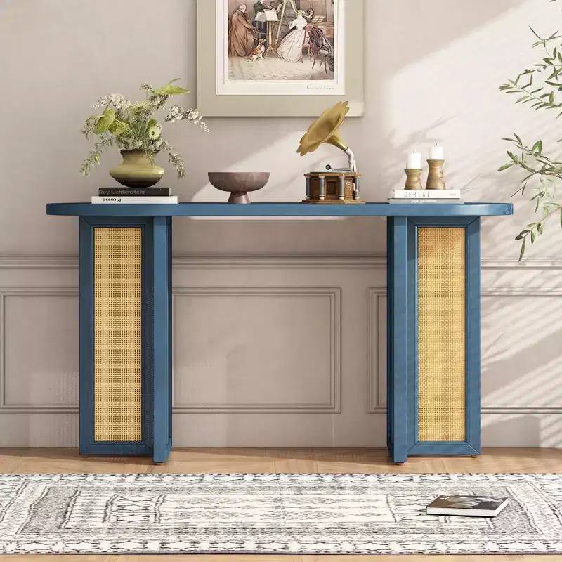 MAYEERTY Rattan Console Table Narrow with Storage for Living Room Hallway Navy