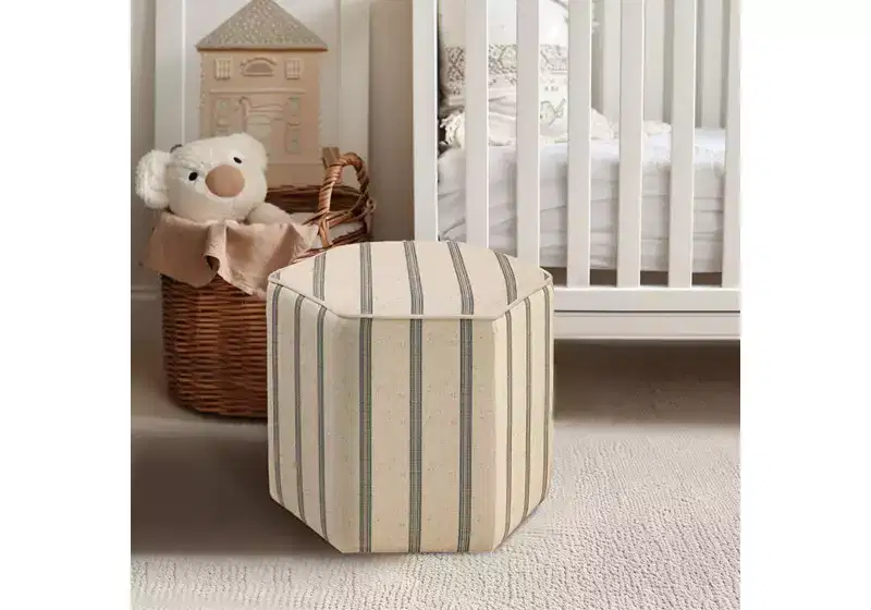 Farmhouse Hexagonal Upholstered Ottoman with Printed Stripe Pattern