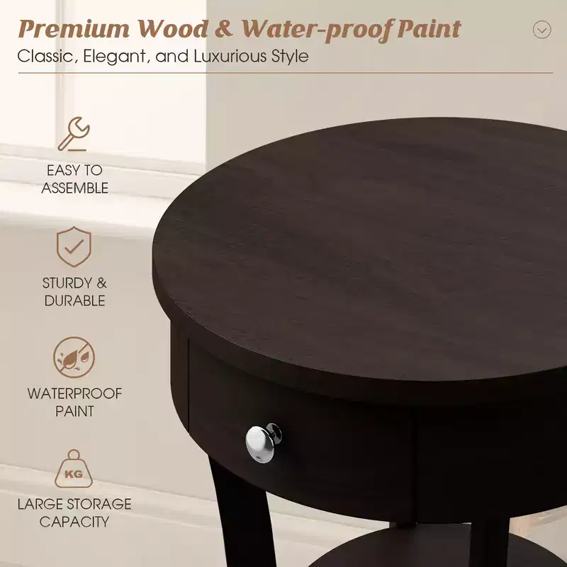 tier Side End Sofa Table Round Nightstand Bedroom Living Room White/Espresso/Black