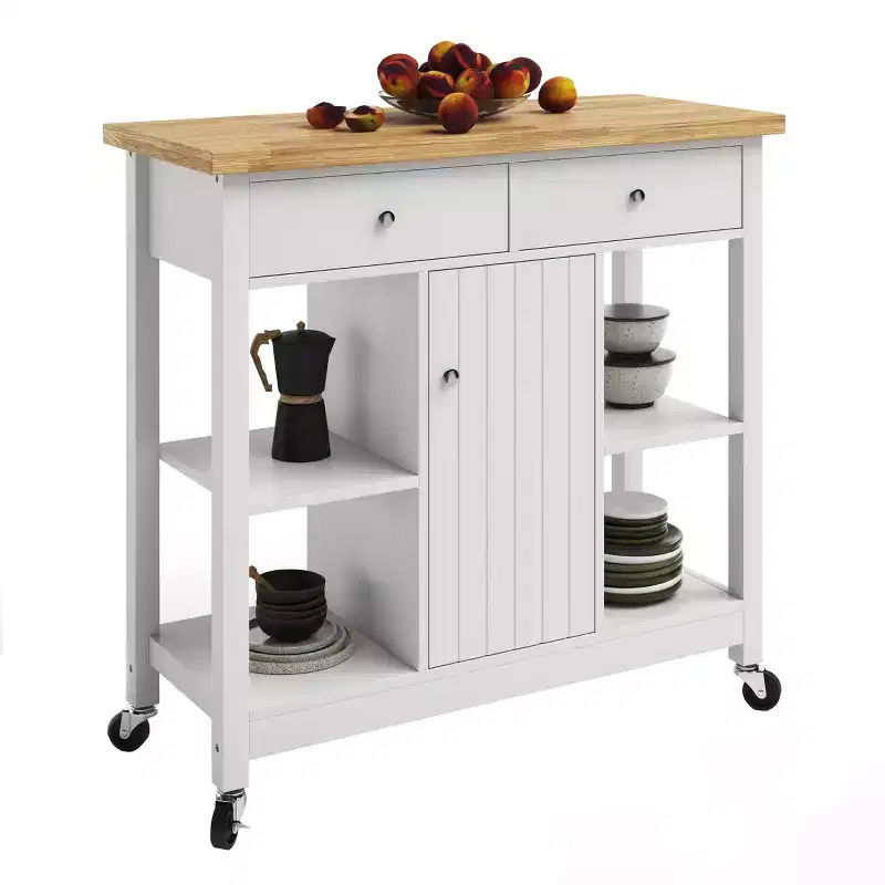Kitchen Island Rolling Cart with Drawers Locking Casters White